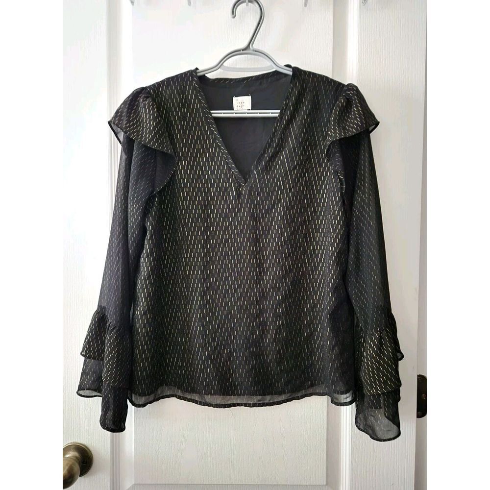 a new day Blouse Women's Black Gold Geometric Long‎ Ruffle Sleeve V-Neck Size XS